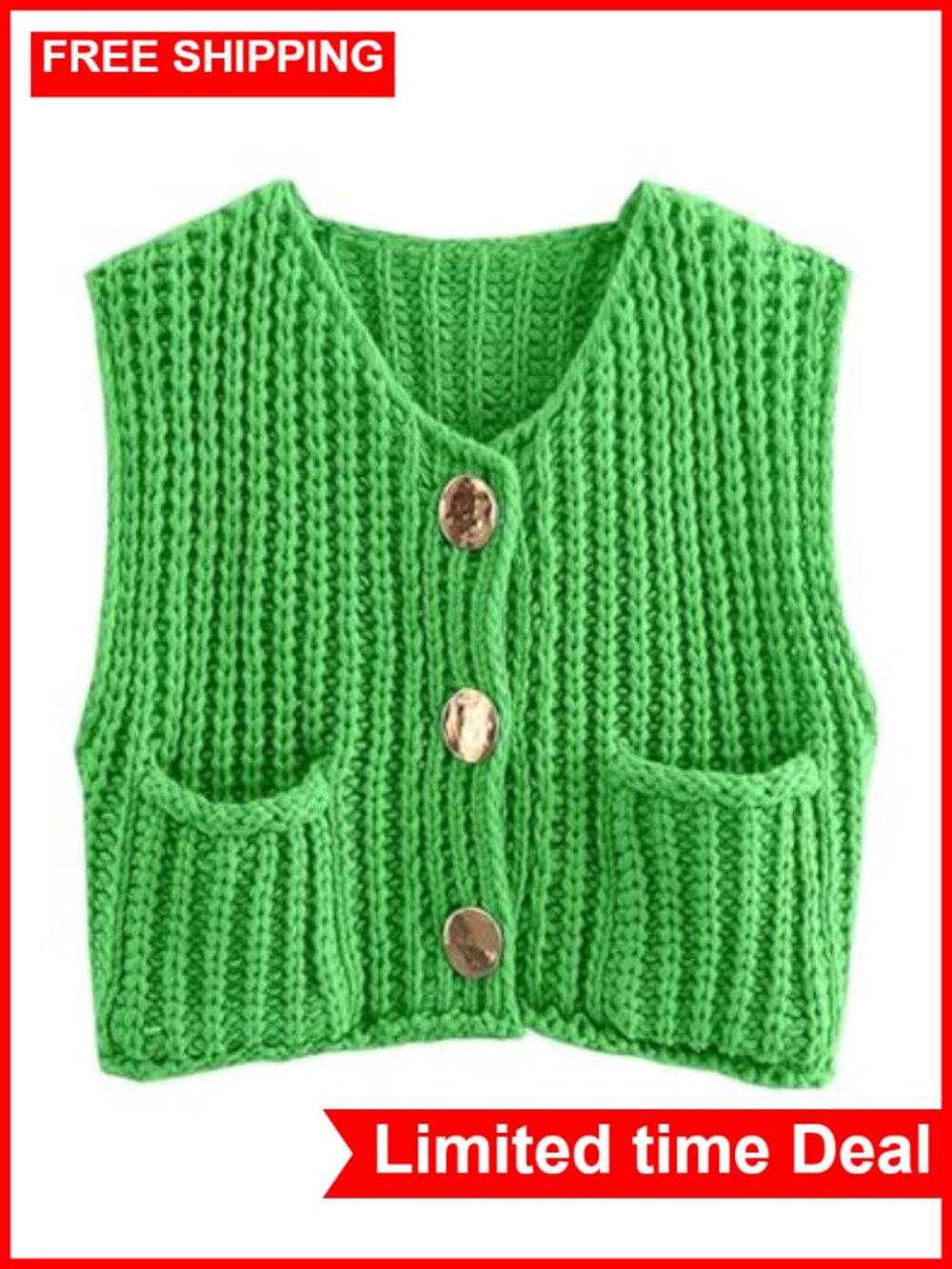 Chunky Knit Sleeveless Button Down Crop Sweater Vest with Pockets